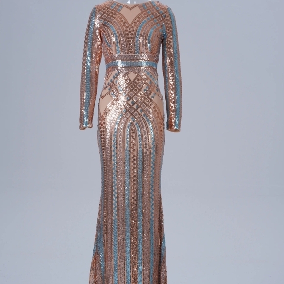 Gold and Blue Bodycon Gown with Plunge Neckline - Picture 11 of 14
